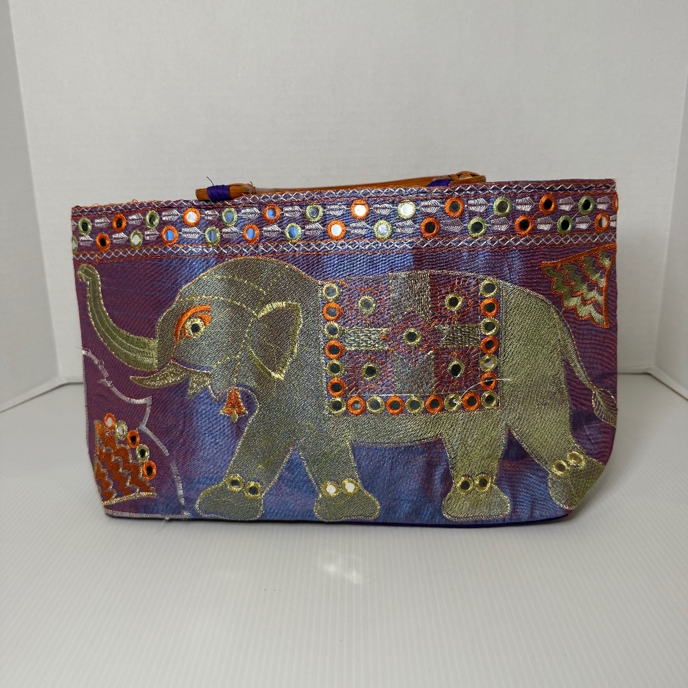 Vintage Embroidered Indian Elephant Purple Orange Mirrors Ethnic Tribal Handbag